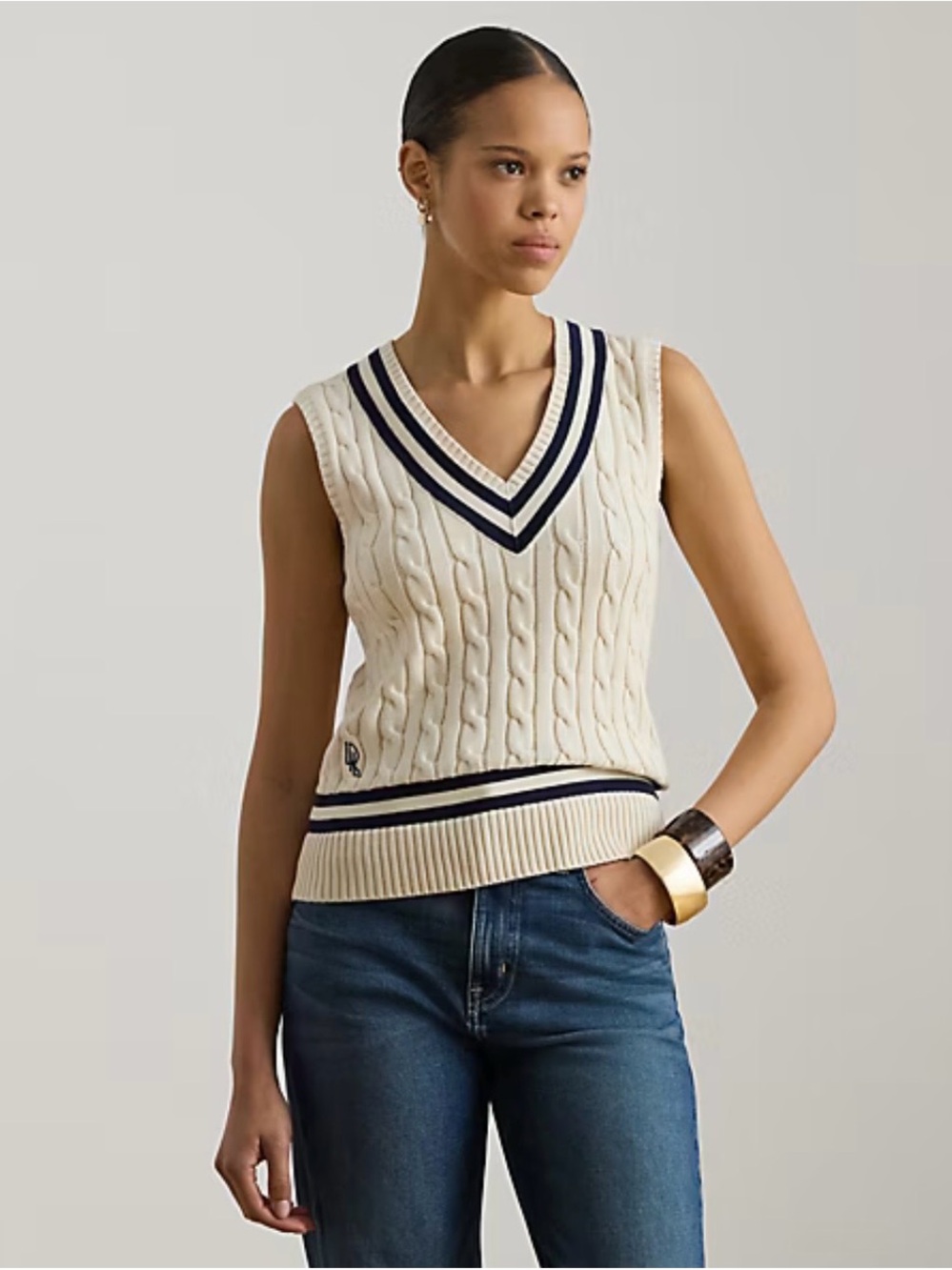 Lauren Ralph Lauren Cable Knit Sweater Vest S Cream 100% Cotton NWT V-Neck $135